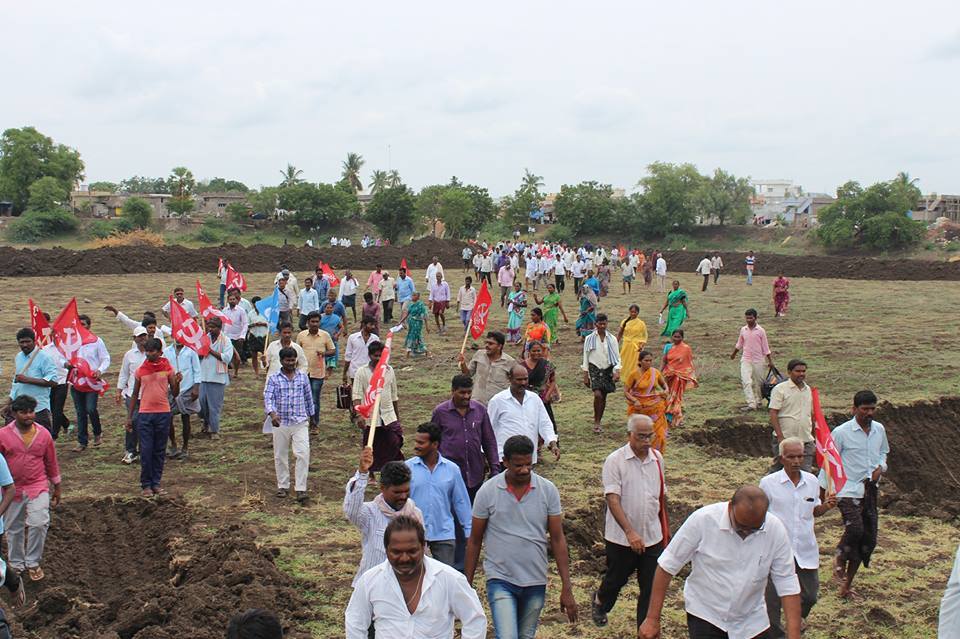 People arrive at the site of the Dalit land agitation at Devarapalli.